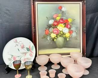 CT163Vintage Frosted Pink Glasses, Brass Goblets, Rose Oil Painting, And More
