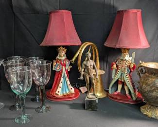 CT150Collectible King  Queen of Hearts Lamps, Male Athlete Statue, Horn Candle Holder  More