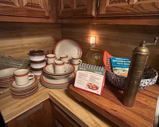 Greek brass peppermill, Marshall pottery spongeware bowl, retro dishes