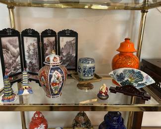 Ginger jar, figurines, brass candle stand, Buddha trinket dish porcelain fan display