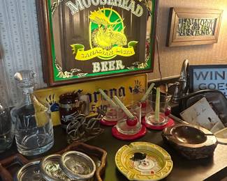 Decanters, smoking ephemera (matches, ashtrays), Moosehead Lager lighted sign, Bloody Mary set