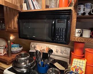 Revere Ware copper-bottom skillets, pots & pans, vintage utensil holder, cast iron pieces, butcher block cutting board
