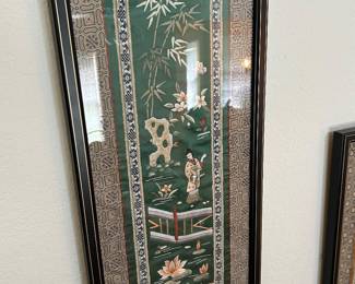 Asian silk wall hangings, framed