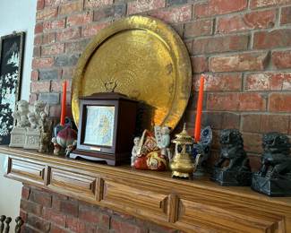 Carved stone foo dog set, chinoiserie candle holders, brass incense burners, luck and prosperity figurines, solid brass happy Buddha, ceramic food dog set, Sligh clock
