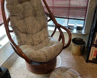 Vintage, American-made rattan swivel rocker with footstool, tweed fabric