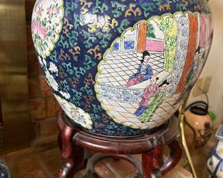 Famille Rose Koi pot with stand