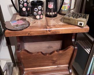 Tile top magazine holder, thermos Elvis, NHL, and NFL cup.