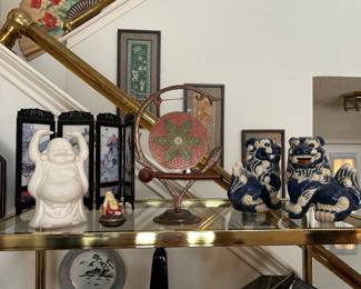 Happy Buddha, gong, vintage ceramic foo dogs