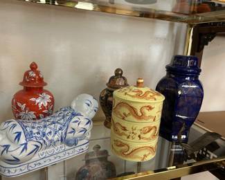 Asian ginger jars, stackable ceramic set with Asian character characters, brass peacock incense burner,