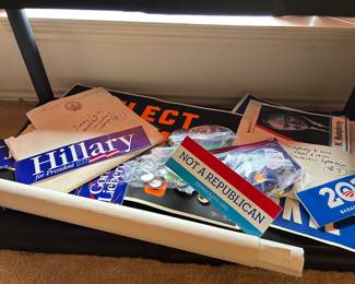 Political ephemera from the 1960’s - early 2000’s. Signs, bumper stickers, pamphlets, buttons