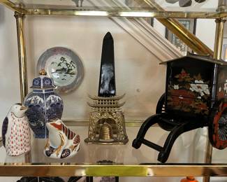 Brass and stone obelisk, ginger jar, vintage Japanese animal figurines, stackable lacquer rickshaw container