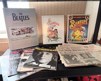 Beatles books, Beatles illustrated lyrics, rolling stones and Newsweek magazines, Beatles newspaper articles from 1980