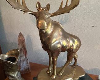 Vintage marble and brass moose sculpture, large