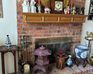 Bamboo plant stand, brass fireplace accessories, concrete garden Pagoda (red, lava glaze, in 3 parts)
