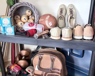 brunswick bowling bag, bowling shoes, weights, little league baseballs, football