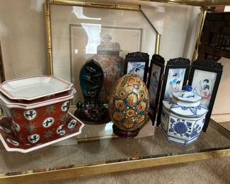Asian planters, food dog, cloisonné brass enamel egg