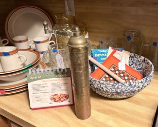 greek brass peppermill and vintage pot holders