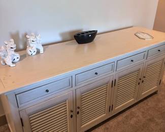 Long whitewashed louvered sideboard / credenza
