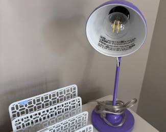 Purple desk lamp with white geometric desk organizer