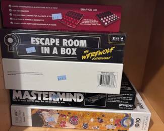 Board games: Escape Room in a Box, Mastermind, family games