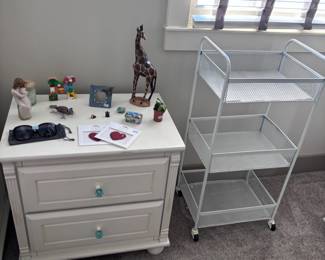 White nightstand with 2 drawers and wire utility cart