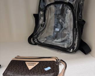 Clear stadium backpack and Guess monogram wristlet