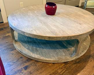 Restoration Hardware round two-tier coffee table, weathered oak