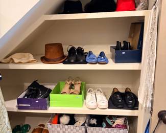Men's shoe closet with hats and organized shelving