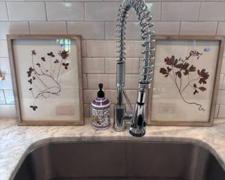 Pair of framed pressed botanical prints, flanking kitchen sink