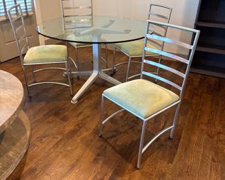 Roberto Barbieri Radice glass table with Desiron stainless steel chairs, green ultra suede