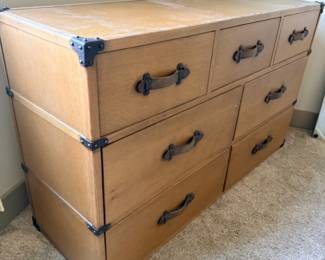 Campaign-style 7-drawer dresser, side angle view