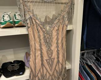 Beaded flapper-style evening dress with Art Deco pattern