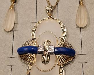 VTG 14k Gold Art Deco Pendant. Quartz, Lapis, & Diamonds.  W/ Matching 14k Gold & Quartz Earrings 