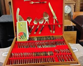 Vintage Thai bronze and teakwood flatware set