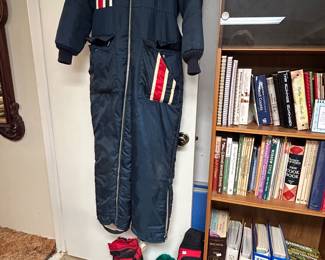 Vintage ski suit with boots and snowboard shoes