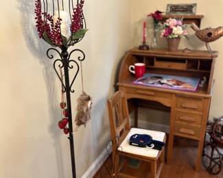 Child’s roll top desk w/chair, candle holder , chair plant stand