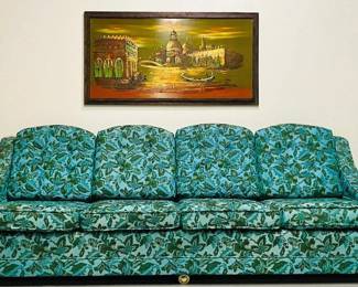 THIS IS LIKE ITEM ONLINE WITH BETTER LIGHTING AS THE PICS OVER THE ONE WE ARE REPRESNTING IS IN POOR LIGHTING FOR PICS.Mid Century Turquoise Floral Sofa, MCM Hollywood Regency Extra Long Sofa, Boho Turquoise Couch, Vintage 97w x 36 d x 36 to 37 back ht
