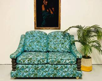 THIS IS LIKE ITEM ONLINE WITH BETTER LIGHTING AS THE PICS OVER THE ONE WE ARE REPRESNTING IS IN POOR LIGHTING FOR PICS. Mid Century Turquoise Floral Loveseat, MCM Hollywood Regency Two Seater Sofa, Boho Turquoise Couch, Vintage 54w 36d x 36 to 37 back ht