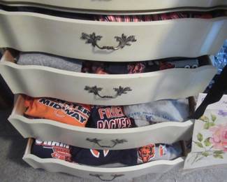 Dresser full of Chicago Bears t-shirts and Sweatshirts