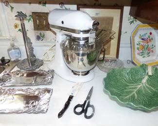 Kitchen Aid Stand Mier, Cutco Spreader & Scissors, Majolia Cabbage leaf dish, Arthur Court platters