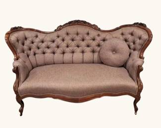 19th Century Victorian Carved Walnut Humpback Settee Sofa on Casters