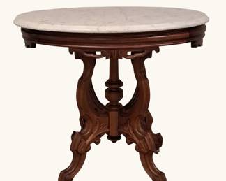 Antique Eastlake Victorian Walnut Side Table with Oval Marble Top