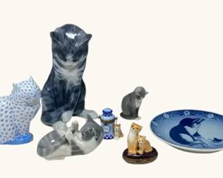 Collection of Cat Figurines Including Royal Copenhagen and Limoges