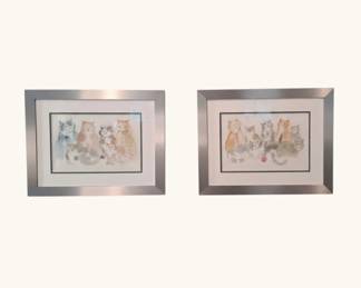 Pair of Wooster Framed Watercolor Cat Paintings Edit with AI