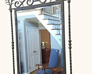 Patinated Iron Architectural Wall Mirror with Ornate Crest