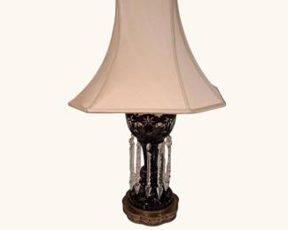 Ruby CuttoClear Lustre Lamp with Hanging Prisms on Brass Base