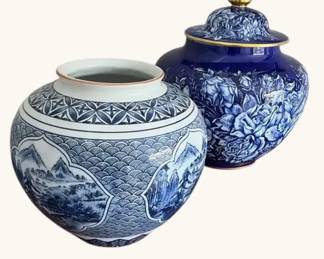Pair of Blue and White Decorative Ceramic Jars  Limoges and other