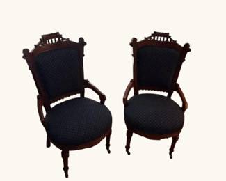 Pair Eastlake Style Victorian Walnut Parlor Chairs with Casters