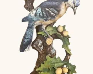 Blue Jay Figurine Display in Glass Case with Feather