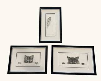 Three Framed Cat Prints  Baby Peeping, Peeping Tom, and ScaredyCat, Signed